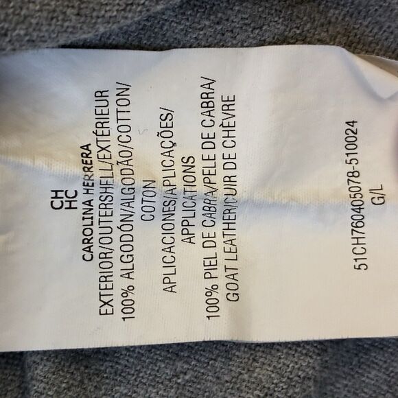 Carolina Herrera Cotton Sweater L Grey V Neck Leather Elbow Patch Classic Fit - Picture 6 of 7